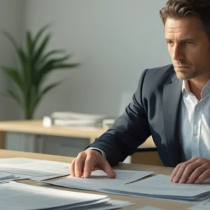 Advogado em escritório em São Paulo analisando contrato de trabalho para identificar desvio de função.