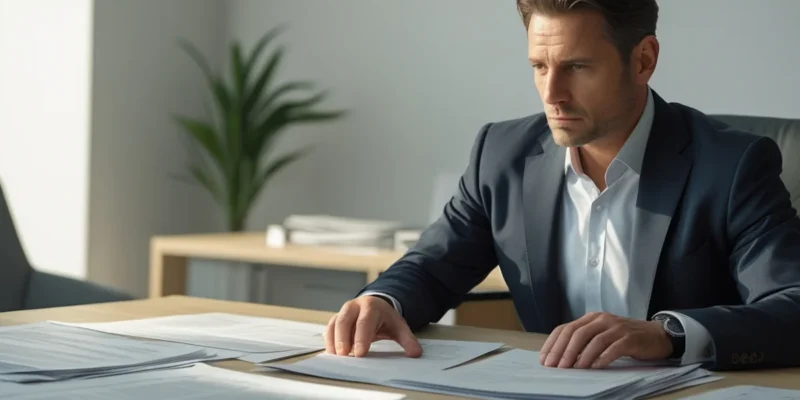 Advogado em escritório em São Paulo analisando contrato de trabalho para identificar desvio de função.