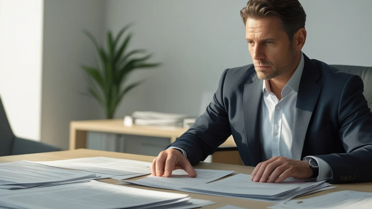 Advogado em escritório em São Paulo analisando contrato de trabalho para identificar desvio de função.