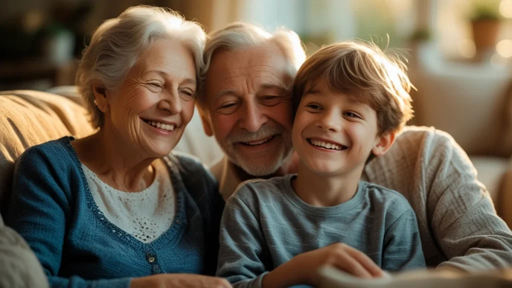 Avós e neto sorrindo em ambiente familiar, representando o vínculo afetivo necessário para o pedido de guarda judicial.