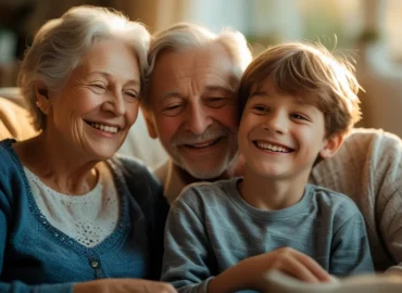Avós e neto sorrindo em ambiente familiar, representando o vínculo afetivo necessário para o pedido de guarda judicial.