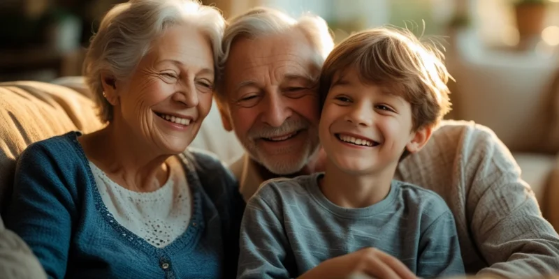 Avós e neto sorrindo em ambiente familiar, representando o vínculo afetivo necessário para o pedido de guarda judicial.
