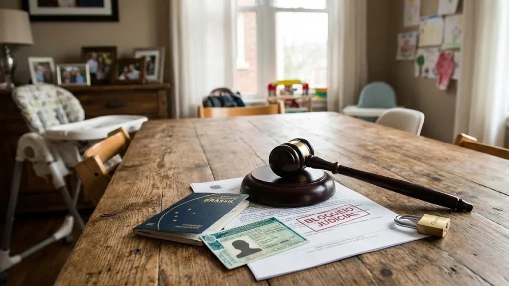 Passaporte brasileiro e CNH sobre uma mesa de madeira, representando a restrição de documentos por dívida de pensão.