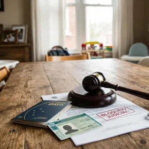 Passaporte brasileiro e CNH sobre uma mesa de madeira, representando a restrição de documentos por dívida de pensão.