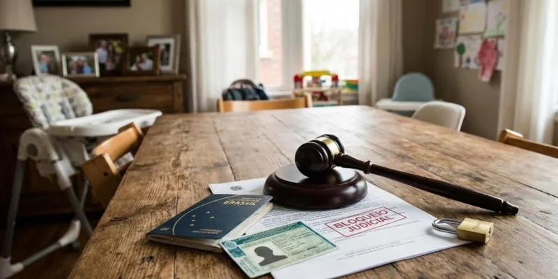 Passaporte brasileiro e CNH sobre uma mesa de madeira, representando a restrição de documentos por dívida de pensão.