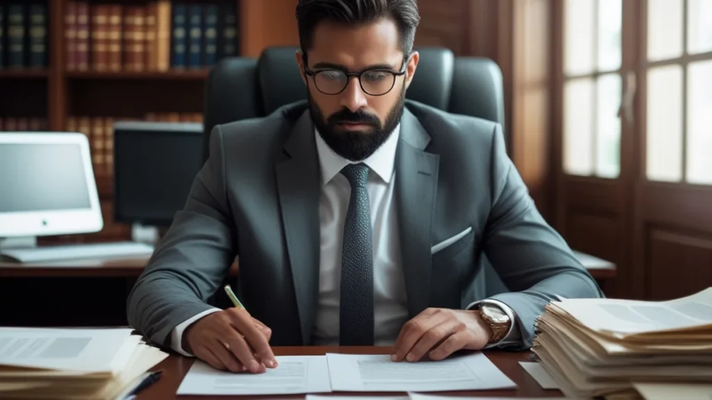 Advogado em escritório analisando documentos para fixação de valor de indenização por danos morais em São Paulo.