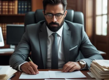 Advogado em escritório analisando documentos para fixação de valor de indenização por danos morais em São Paulo.