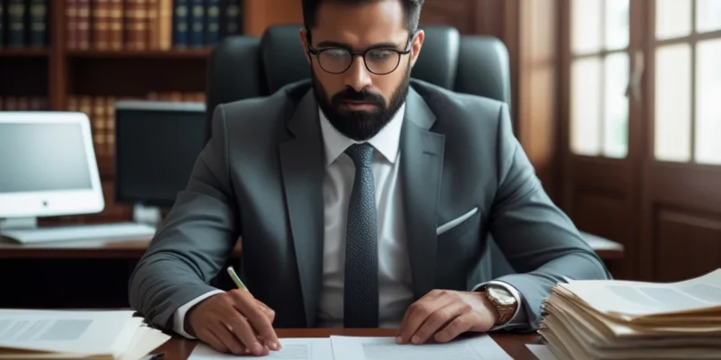 Advogado em escritório analisando documentos para fixação de valor de indenização por danos morais em São Paulo.