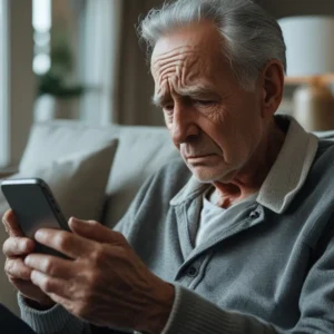 Pessoa idosa preocupada analisando extrato bancário no celular, representando o golpe do falso empréstimo consignado.