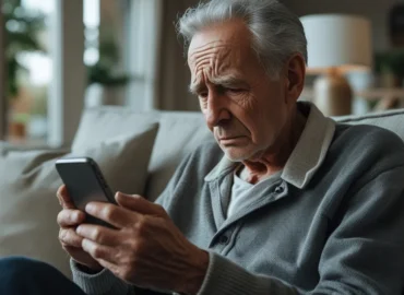 Pessoa idosa preocupada analisando extrato bancário no celular, representando o golpe do falso empréstimo consignado.