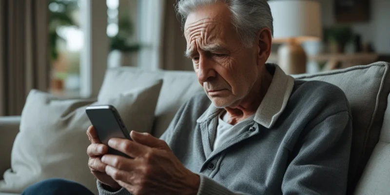 Pessoa idosa preocupada analisando extrato bancário no celular, representando o golpe do falso empréstimo consignado.