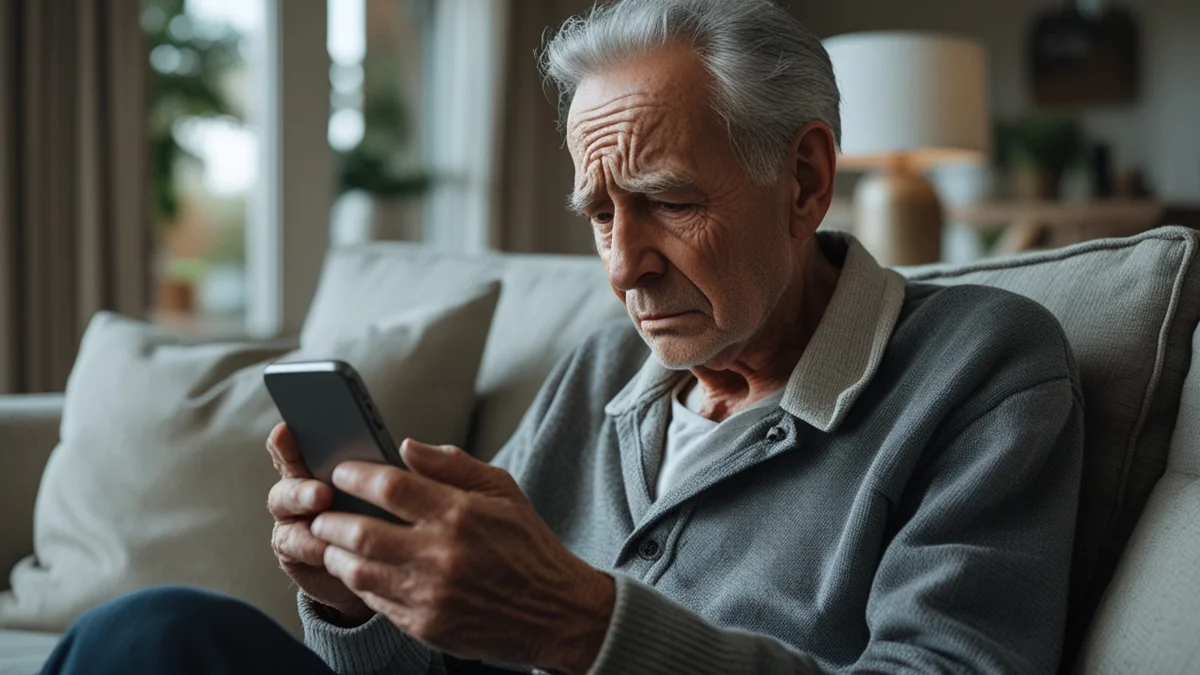 Pessoa idosa preocupada analisando extrato bancário no celular, representando o golpe do falso empréstimo consignado.