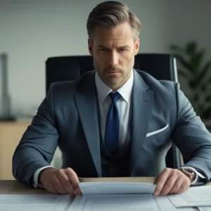 Advogado analisando processo de cumprimento de sentença de alimentos sobre uma mesa com documentos jurídicos.