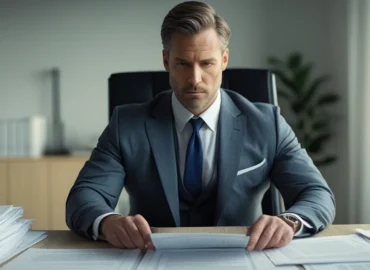 Advogado analisando processo de cumprimento de sentença de alimentos sobre uma mesa com documentos jurídicos.