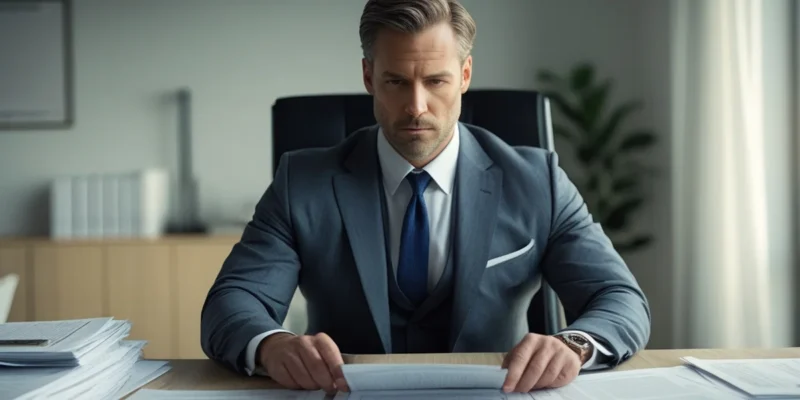 Advogado analisando processo de cumprimento de sentença de alimentos sobre uma mesa com documentos jurídicos.