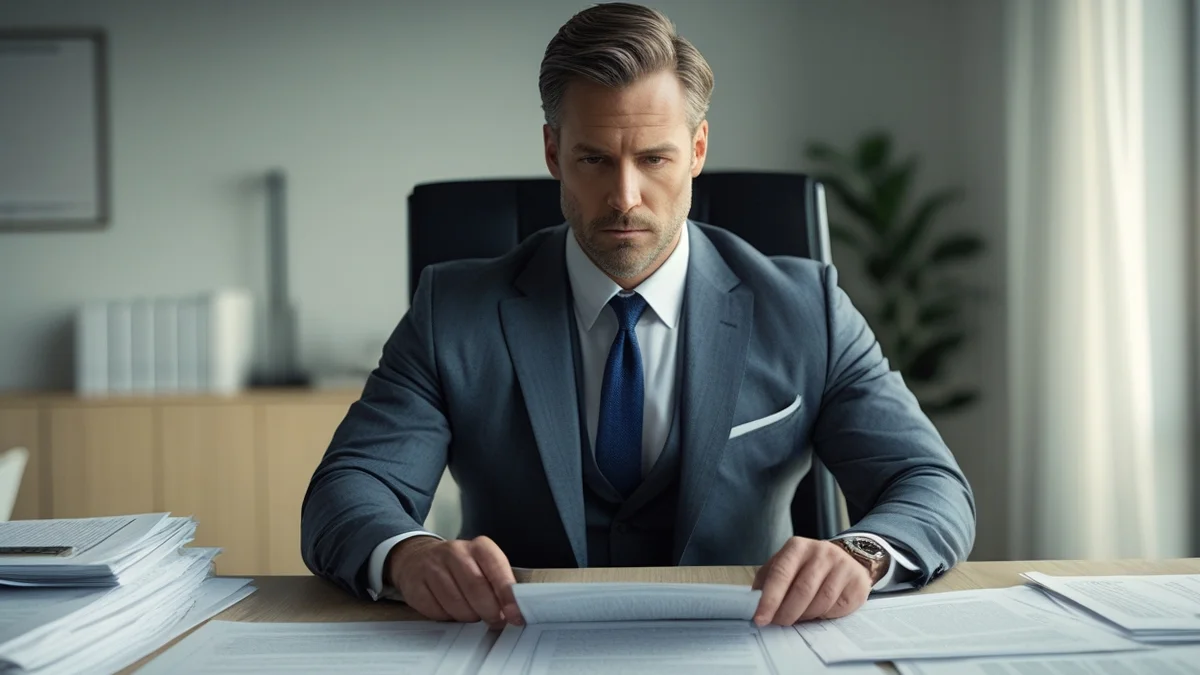 Advogado analisando processo de cumprimento de sentença de alimentos sobre uma mesa com documentos jurídicos.