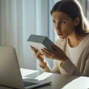 Pessoa em casa analisando com dúvida uma compra online recém-entregue, segurando o produto próximo a um notebook aberto.