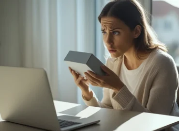 Pessoa em casa analisando com dúvida uma compra online recém-entregue, segurando o produto próximo a um notebook aberto.