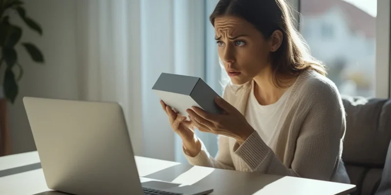 Pessoa em casa analisando com dúvida uma compra online recém-entregue, segurando o produto próximo a um notebook aberto.