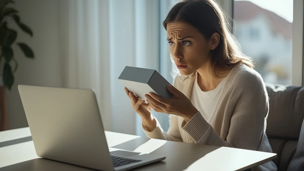 Pessoa em casa analisando com dúvida uma compra online recém-entregue, segurando o produto próximo a um notebook aberto.