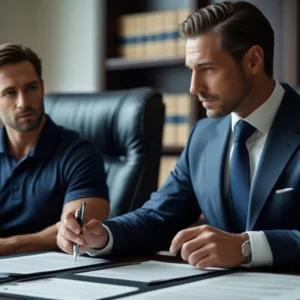 Advogado assinando contrato de doação de imóvel com cláusula de reserva de usufruto vitalício.