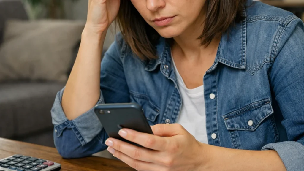 Pessoa preocupada olhando o celular com documentos e contrato bancário sobre a mesa, representando vítima de fraude.