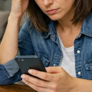 Pessoa preocupada olhando o celular com documentos e contrato bancário sobre a mesa, representando vítima de fraude.