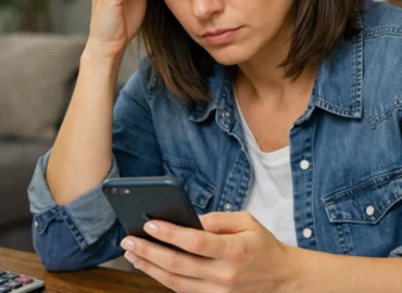 Pessoa preocupada olhando o celular com documentos e contrato bancário sobre a mesa, representando vítima de fraude.