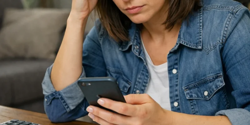 Pessoa preocupada olhando o celular com documentos e contrato bancário sobre a mesa, representando vítima de fraude.