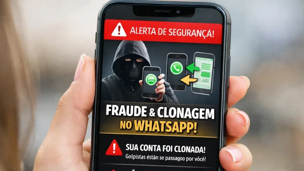 Smartphone com tela de alerta de segurança ilustrando fraude e clonagem de conta de WhatsApp.
