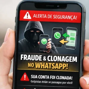 Smartphone com tela de alerta de segurança ilustrando fraude e clonagem de conta de WhatsApp.