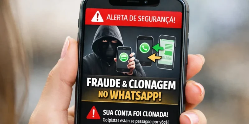 Smartphone com tela de alerta de segurança ilustrando fraude e clonagem de conta de WhatsApp.