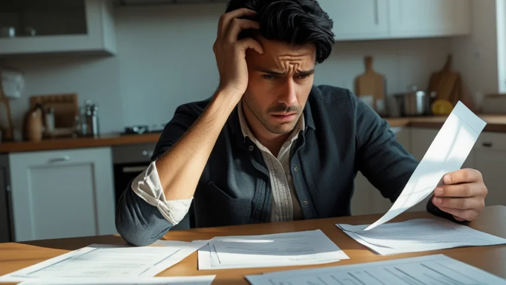 Paciente analisando documento de negativa de cirurgia do plano de saúde com expressão de preocupação, representando problemas com doença preexistente.