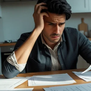 Paciente analisando documento de negativa de cirurgia do plano de saúde com expressão de preocupação, representando problemas com doença preexistente.