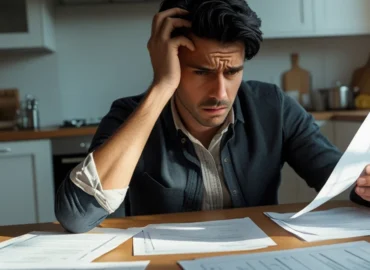 Paciente analisando documento de negativa de cirurgia do plano de saúde com expressão de preocupação, representando problemas com doença preexistente.