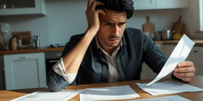 Paciente analisando documento de negativa de cirurgia do plano de saúde com expressão de preocupação, representando problemas com doença preexistente.