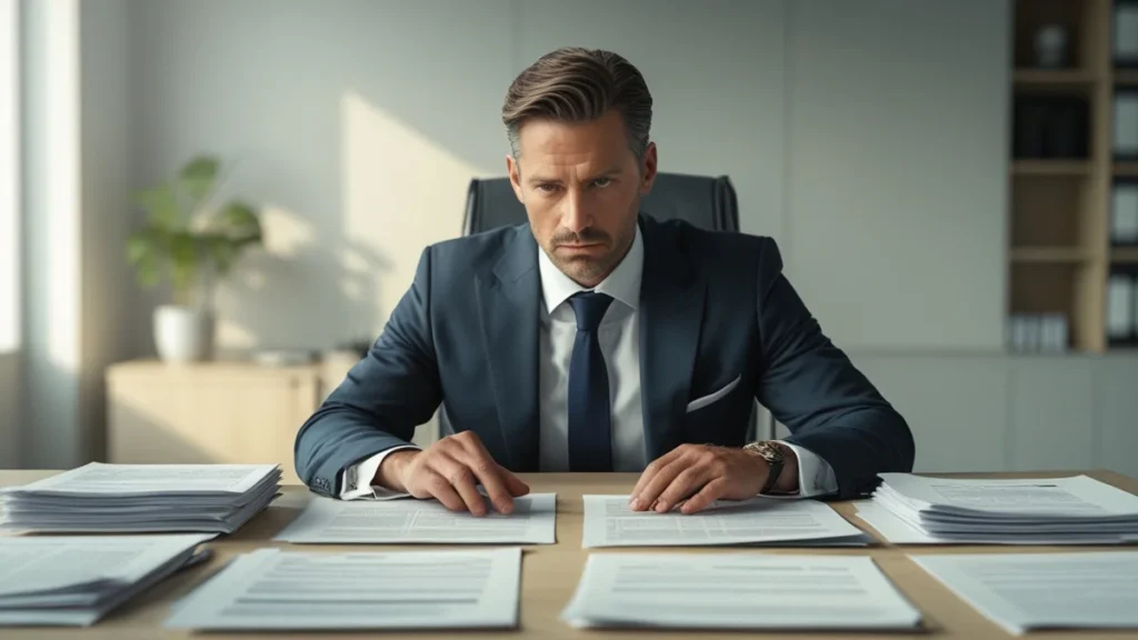 Advogado analisando contrato de seguro com destaque para cláusulas de direitos do consumidor.