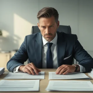 Advogado analisando contrato de seguro com destaque para cláusulas de direitos do consumidor.