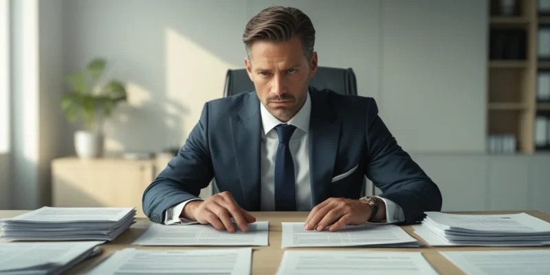 Advogado analisando contrato de seguro com destaque para cláusulas de direitos do consumidor.