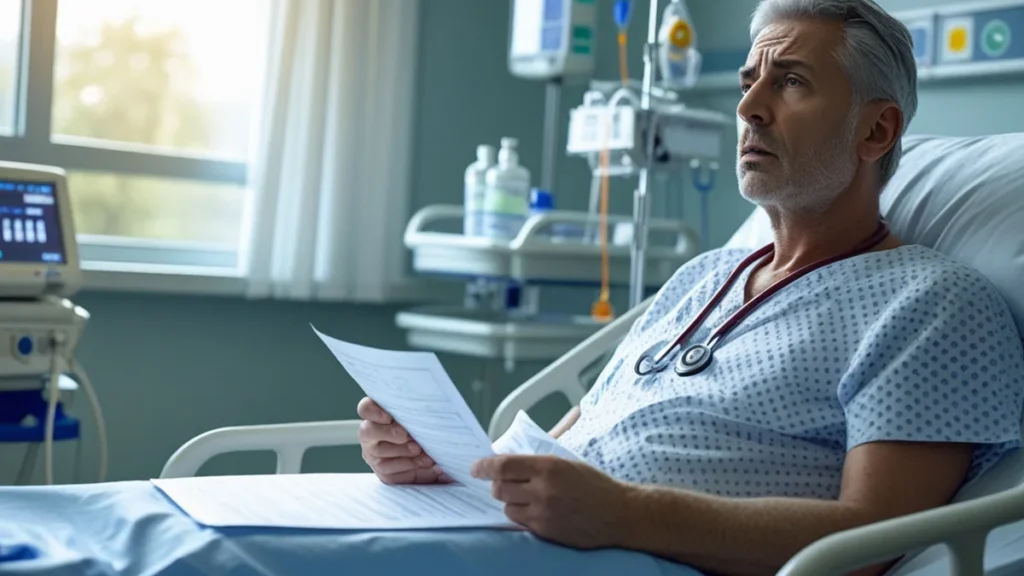 Paciente preocupado olhando documentos médicos, representando a espera pela autorização de cirurgia pelo plano de saúde.