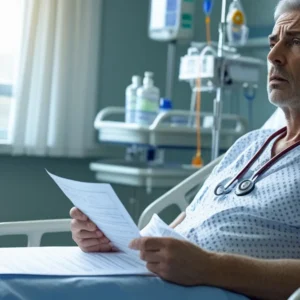 Paciente preocupado olhando documentos médicos, representando a espera pela autorização de cirurgia pelo plano de saúde.