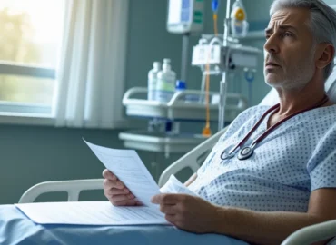 Paciente preocupado olhando documentos médicos, representando a espera pela autorização de cirurgia pelo plano de saúde.