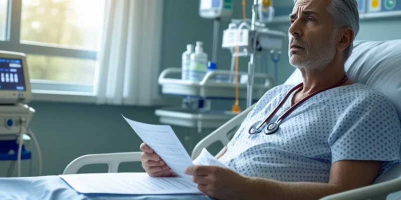 Paciente preocupado olhando documentos médicos, representando a espera pela autorização de cirurgia pelo plano de saúde.