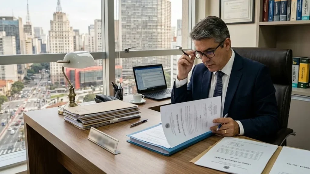 Advogado especialista analisando documentos de partilha de bens em mesa de escritório em São Paulo.
