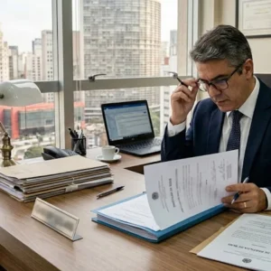Advogado especialista analisando documentos de partilha de bens em mesa de escritório em São Paulo.