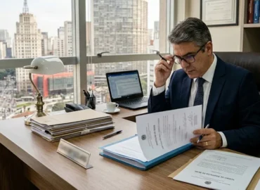 Advogado especialista analisando documentos de partilha de bens em mesa de escritório em São Paulo.