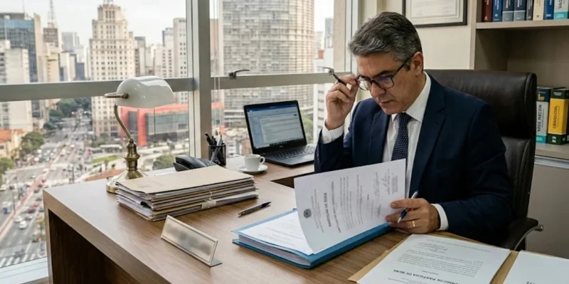 Advogado especialista analisando documentos de partilha de bens em mesa de escritório em São Paulo.