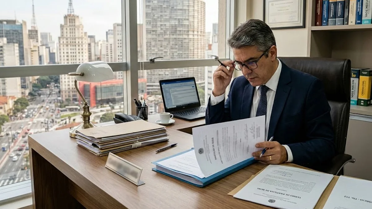 Advogado especialista analisando documentos de partilha de bens em mesa de escritório em São Paulo.