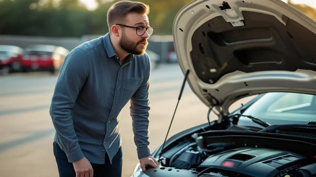 Consumidor preocupado ao lado de carro com capô aberto, ilustrando dúvida sobre garantia de veículo usado.