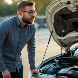 Consumidor preocupado ao lado de carro com capô aberto, ilustrando dúvida sobre garantia de veículo usado.